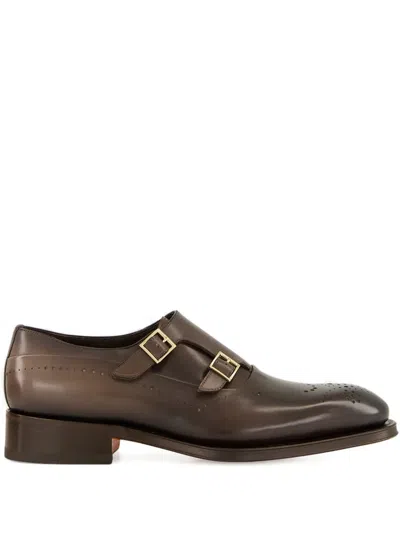 Santoni Double-buckle Monk Shoes In Brown