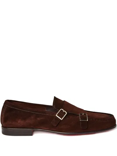 Santoni Double-buckle Suede Loafers In Brown
