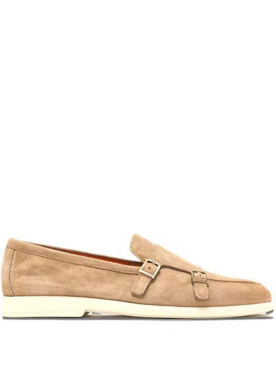 Santoni Double-buckle Suede Monk Shoes In Neutral
