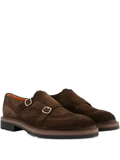 Santoni Double-buckles Suede Monk Shoes In Brown