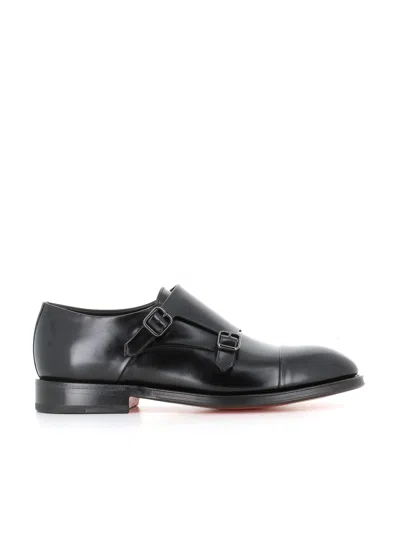 Santoni Leather Carter Double Monk Shoes In Black