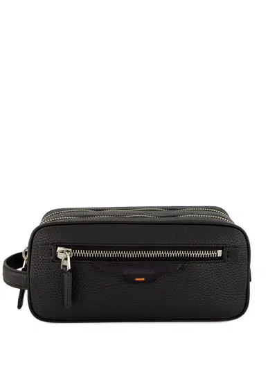 Santoni Double-zip Leather Wash Bag In Black