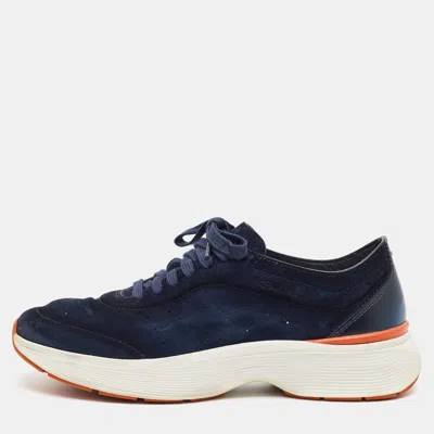 Pre-owned Santoni Easy Bounce Size 41 Navy Blue Leather And Suede Low Top Sneakers