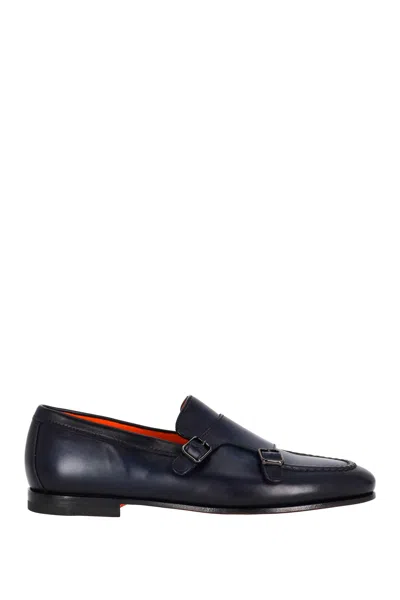 Santoni Double-buckle Leather Shoes Goodyear Construction In Black