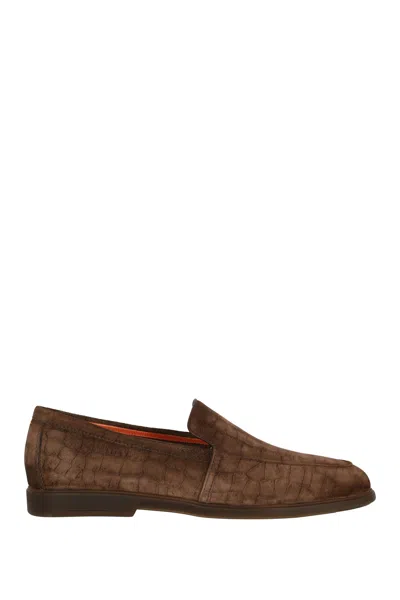Santoni Suede Slip-on With Crocodile Print In Brown