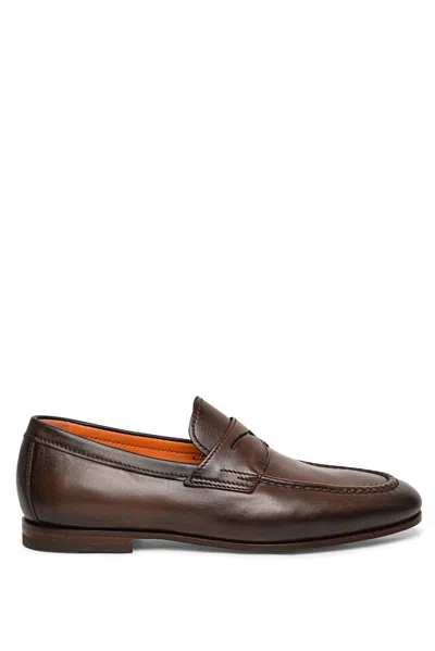Santoni Elegant Moccasin With Contrast Stitching And Round Toe In Brown