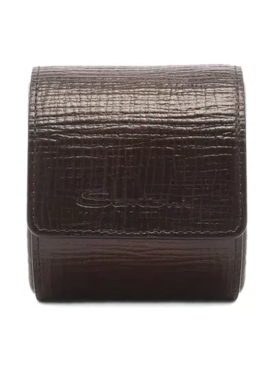 Santoni Embossed Leather Watch Case In Brown