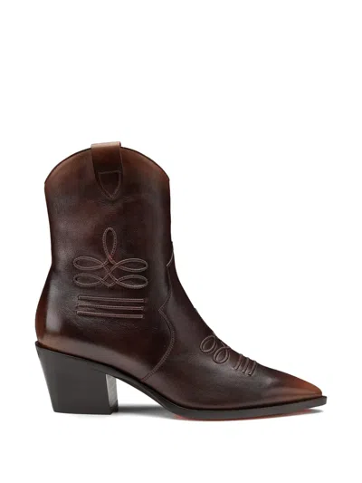 Santoni Embroidered Leather Ankle Boot In Brown