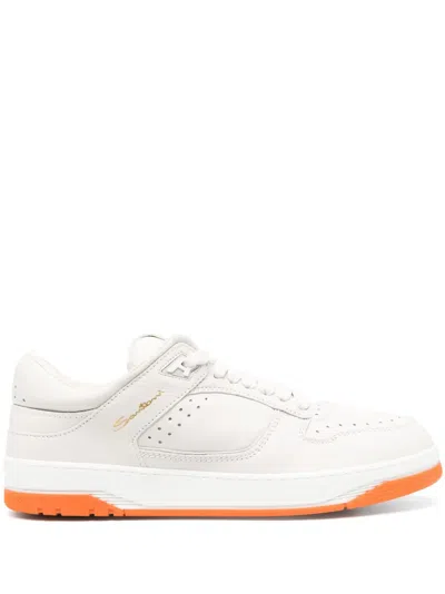 Santoni Embroidered-logo Leather Low-top Sneakers In Neutrals