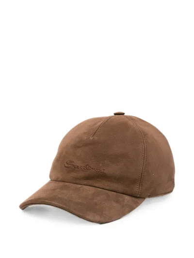 Santoni Embroidered Suede Cap In Brown