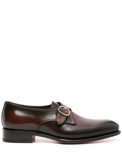 Santoni Faded-effect Leather Monk Shoes In Brown