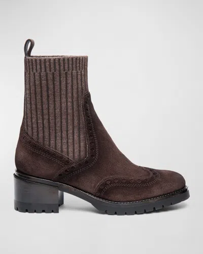 Santoni Ferret Brogue Suede Knit Booties In Brown