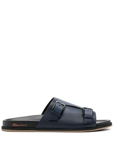 Santoni Flat Leather Sandals In Blue