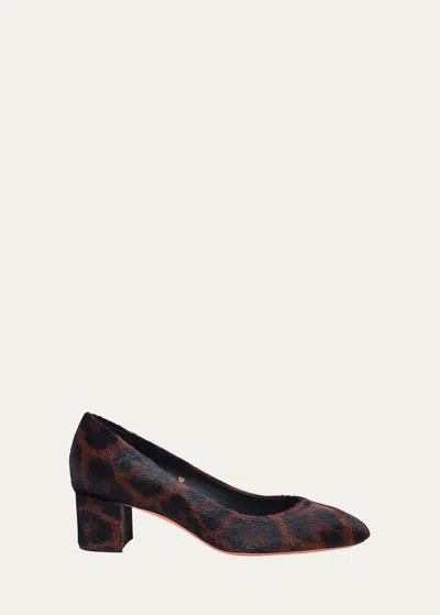 Santoni Flight Calf Hair Block-heel Pumps In Leopard