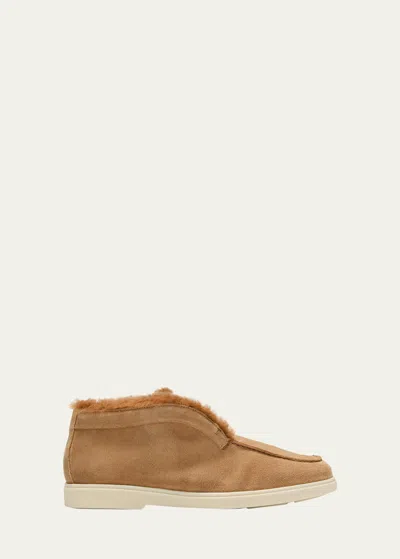 Santoni Fortune Suede Shearling Ankle Booties In Light Brown