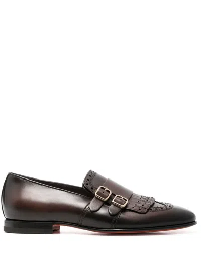 Santoni Fringe Double-buckle Monk Shoes In Brown