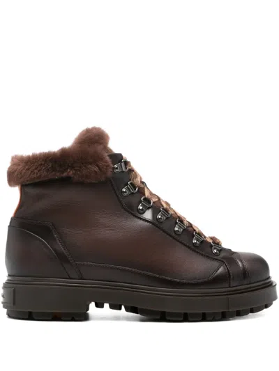 Santoni Ankle Boots With Fur Trim And Metal Eyelets In Brown