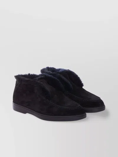 Santoni Fur Trim Suede Loafers In Black