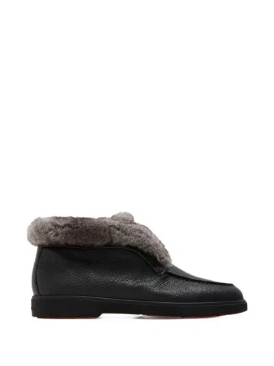 Santoni Fur-trim Pebbled-leather Desert Boots In Black