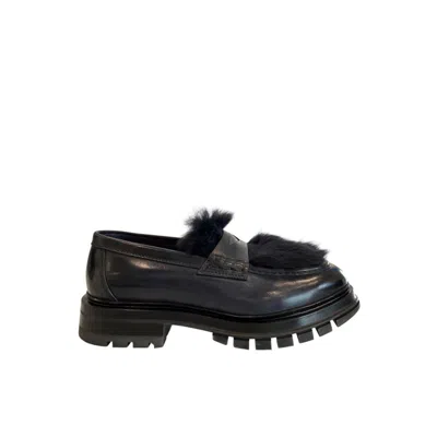 Santoni Fur-trimmed Leather Loafer In Black
