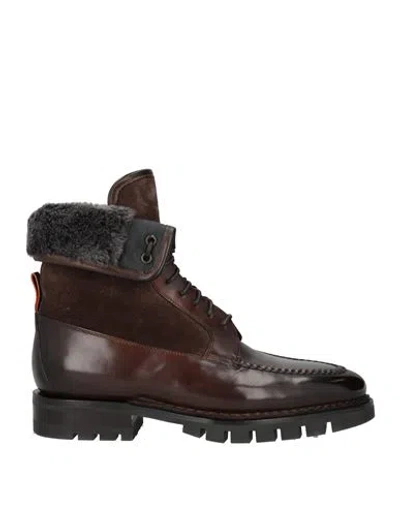 Santoni Goodyear Man Ankle Boots Dark Brown Size 7 Leather In Burgundy