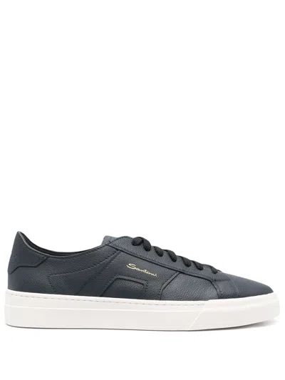 Santoni Grained Leather Sneakers In Blue