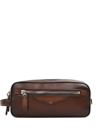 Santoni Grained Leather Toiletry Bag In Brown