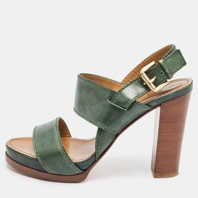 Pre-owned Santoni Green Leather Platform Block Heel Ankle Strap Sandals Size 39
