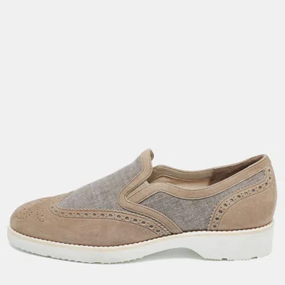 Santoni Grey Brogue Suede And Canvas Slip On Sneakers In Gray