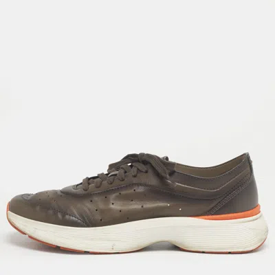 Pre-owned Santoni Grey Leather Bounce Lace Up Sneakers Size 44 In Gray