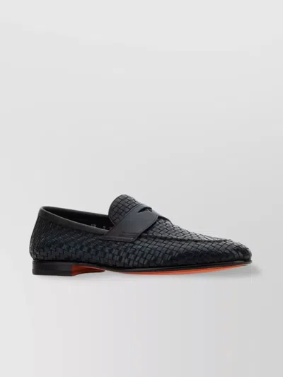 Santoni Gwendal Loafers Leather Sole Round Toe Woven Texture In Black