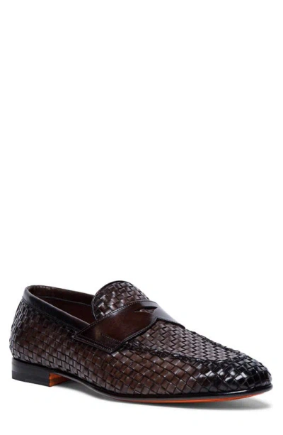 Santoni Men's Gwendal Woven Leather Penny Loafers In Dark Brown