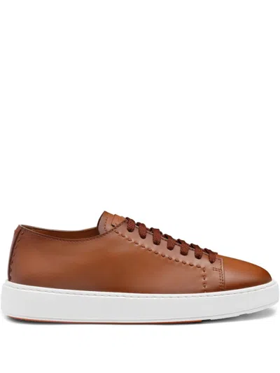 Santoni Hand-stitched Light Brown Leather Trainers