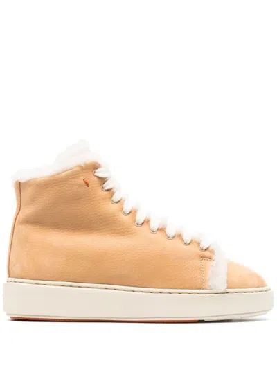 Santoni High-top Sneakers With Shearling Accents And Side Zipper In Neutral