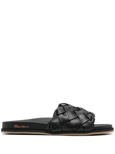 Santoni Interwoven-design Calf-leather Slides In Black