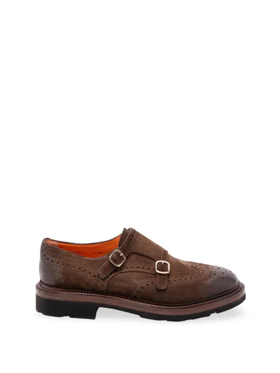 Santoni Buckle Detailed Almond Toe Loafers In Brown