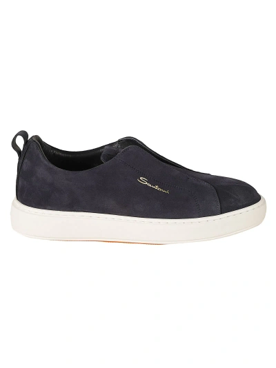 Santoni Lace-less Logo Sided Trainers In Blue