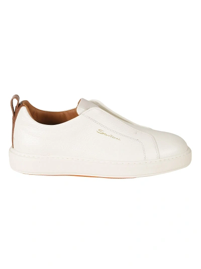 Santoni Lace-less Logo Sided Trainers In White