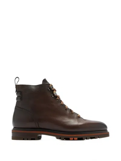 Santoni Lace-up Leather Ankle Boots In Brown