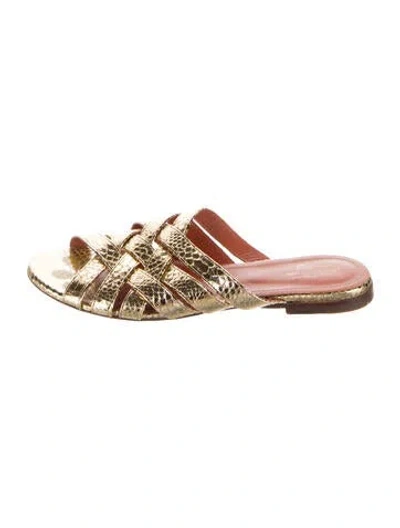 Pre-owned Santoni Leather Animal Print Slides In Gold