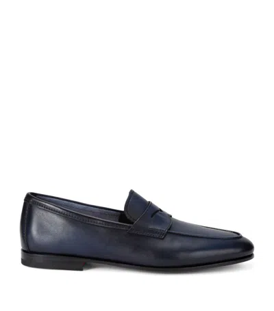 Santoni Leather Carlos Penny Loafers In Navy