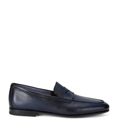 Santoni Leather Carlos Penny Loafers In Blue