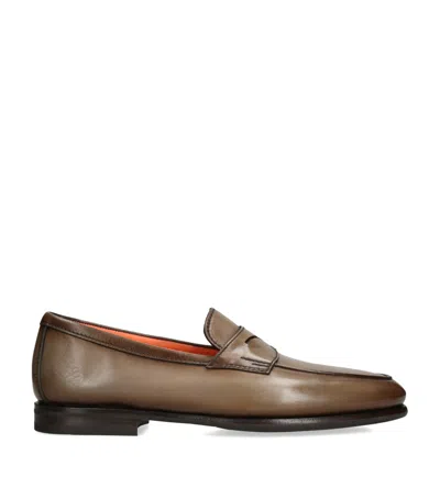 Santoni Leather Carlos Penny Loafers In Sand