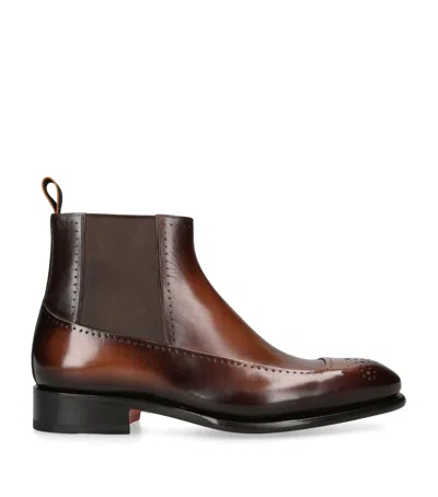 Santoni Leather Carter Punch Chelsea Boots In Brown