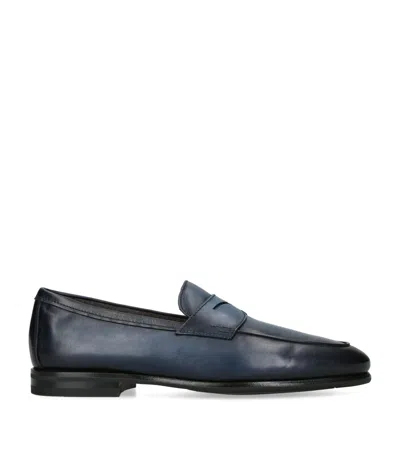 Santoni Leather Cashmere-lined Carlos Loafers In Blue