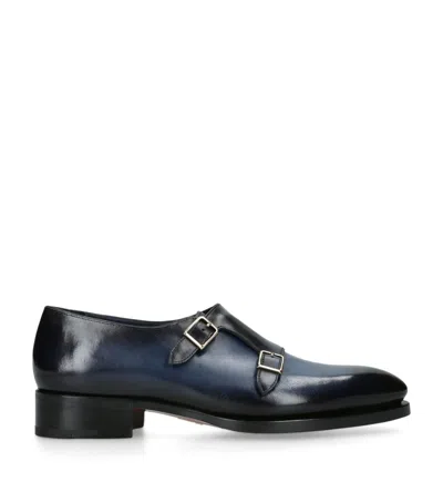 Santoni Leather Eterna Double Monk Oxford Shoes In Blue