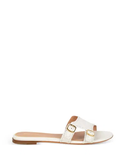 Santoni Leather Flat Sandals With Double Buckle Straps In White