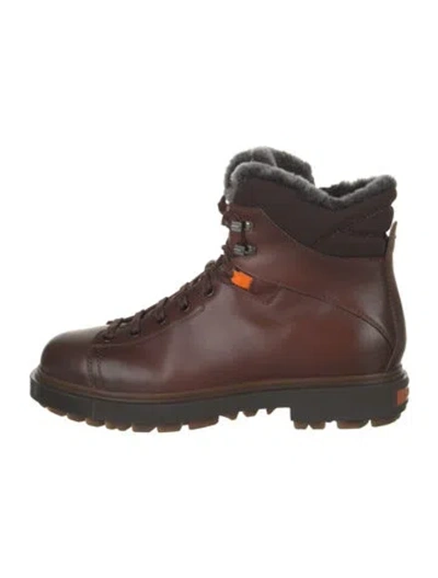 Pre-owned Santoni Leather Fur Trim Hiking Boots In Brown