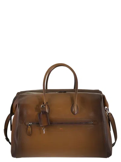Santoni Leather Holdall With Shaded Finish In Brown