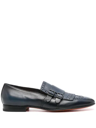 Santoni Decorative-stitching Leather Monk Shoes In Navy Blue